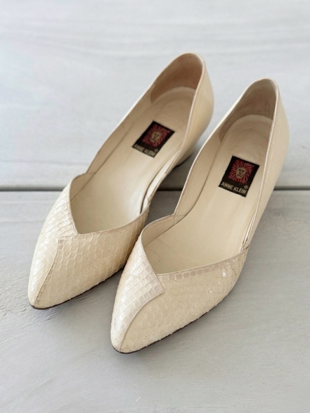Anne Klein Cream Snake-Embossed Pointed Flats